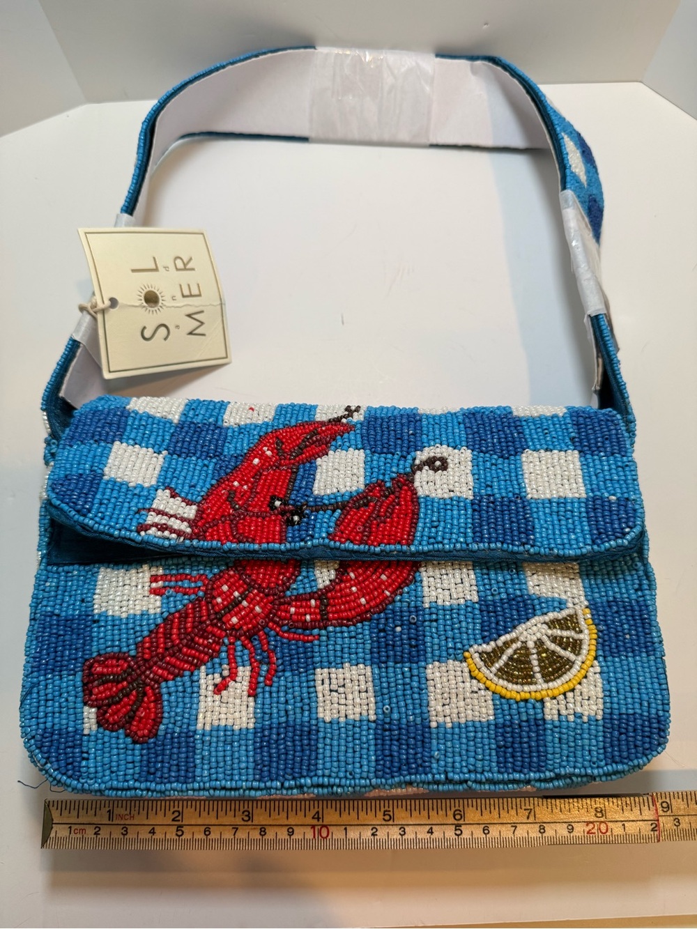* Blue & White Gingham Checked Beaded Lobster Motif Shoulder Bag